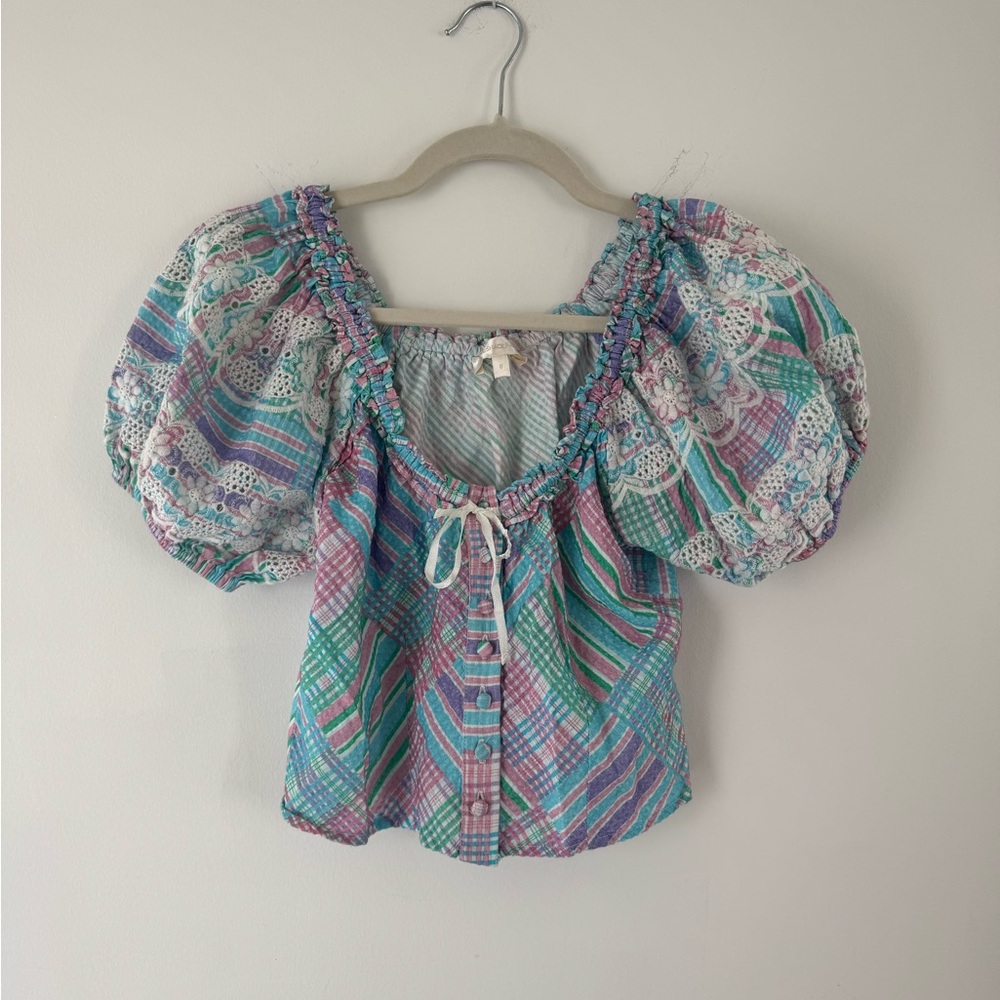 LoveShackFancy Plaid Embroidered Top with Puff Sleeves 0